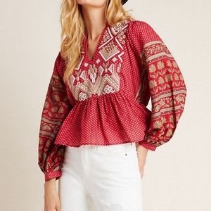 Anthropologie Kiera Embroidered Peplum Top